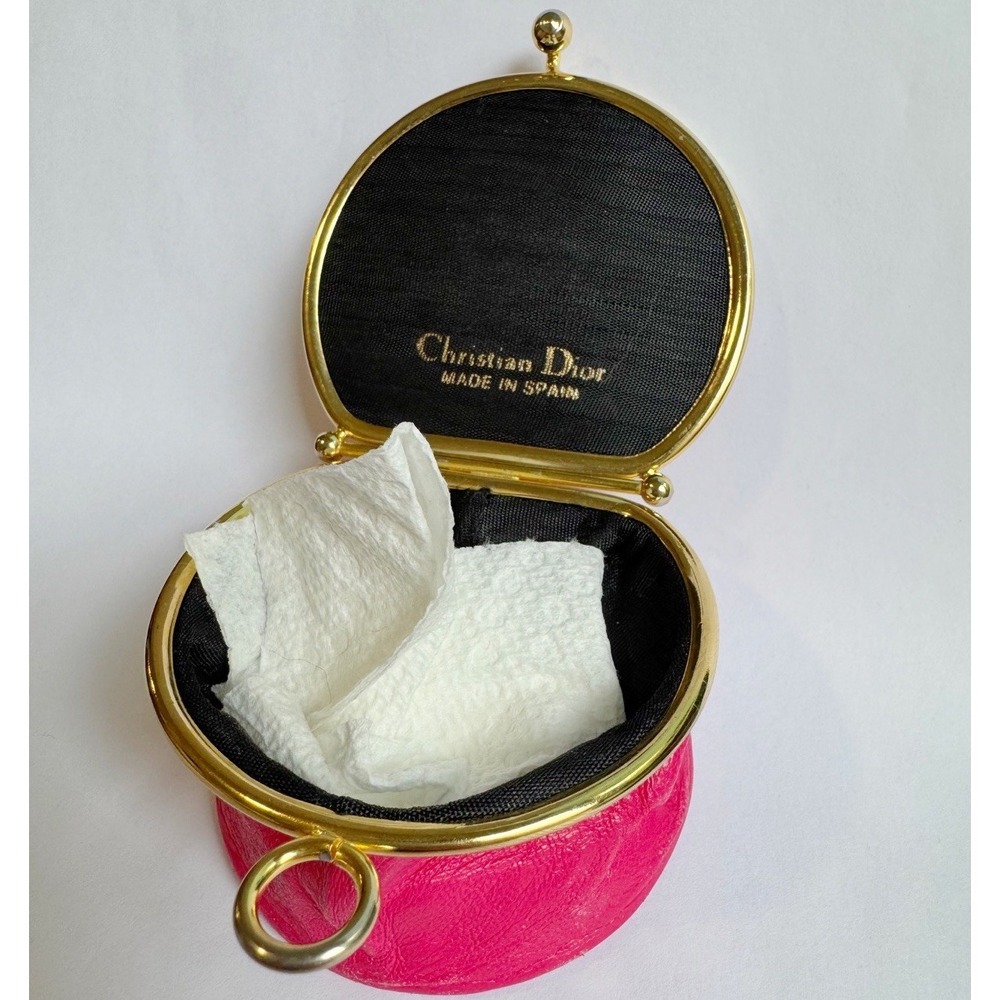 Vintage Christian Dior Collapsible Coin Purse Kisslock Pink Sheepskin Leather